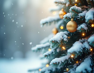 A snowy christmas tree with lights and ornaments