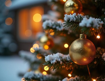 A gold ornament hangs on a snow-covered christmas tree