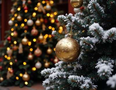 A gold ornament hangs on a snowy christmas tree