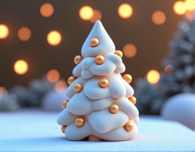 A white christmas tree with gold ornaments in snow