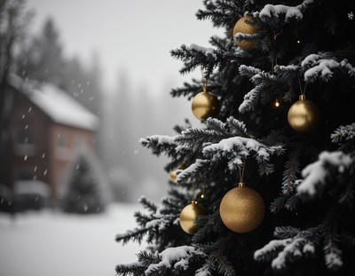 A snowy christmas tree with golden ornaments