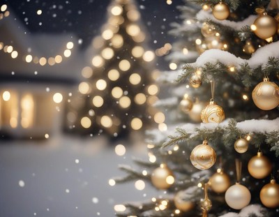 Snowy tree with gold ornaments by a house