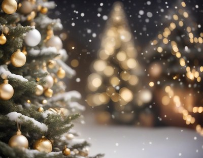 A snowy christmas tree with gold ornaments