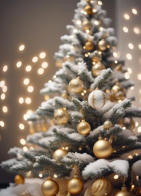 A snowy christmas tree decorated with gold ornaments