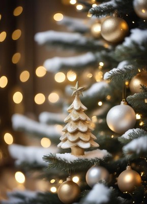 Gold ornament dangles on a snowy branch