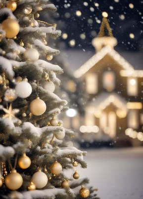 A lit, snowy christmas tree with golden ornaments