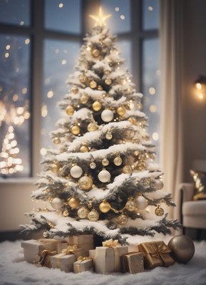 Cozy living room with a snowy tree and gold ornaments