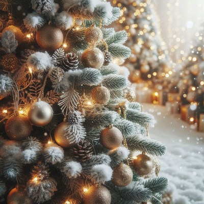 Snowy christmas tree with gold ornaments and lights