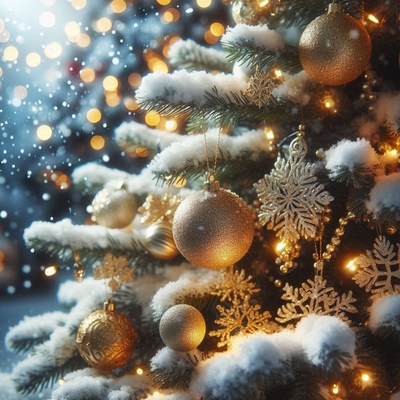 A close-up of a christmas tree with snow on the branches