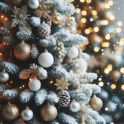 A snowy christmas tree with gold and white ornaments