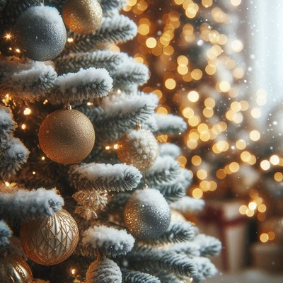 A snowy christmas tree with gold and silver ornaments