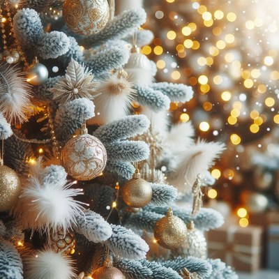 A frosted christmas tree adorned with gold ornaments