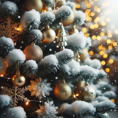 A snowy christmas tree with gold ornaments
