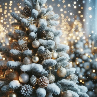 A snowy christmas tree with gold ornaments