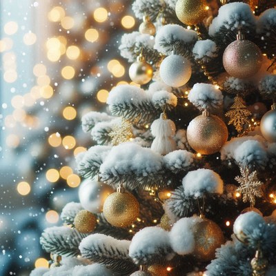 A snowy christmas tree adorned with golden ornaments