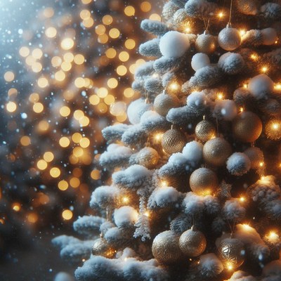 A snowy christmas tree with golden ornaments