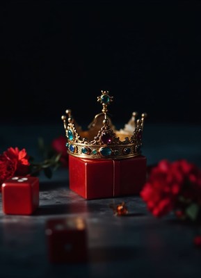 A gold crown with blue gems rests on a red box