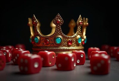 A gold crown rests atop a group of red dice