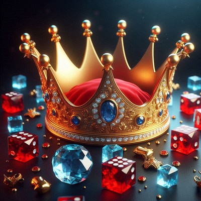 Gold crown on red cushion with dice and gems