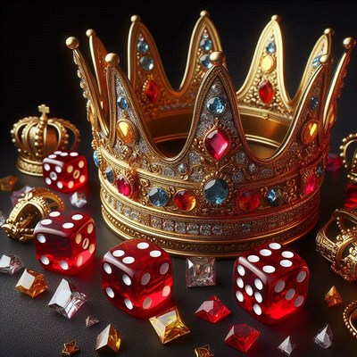 A golden crown rests on red dice