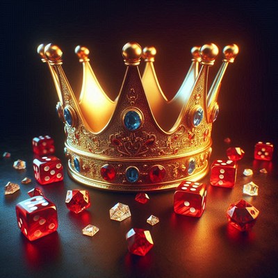 A golden crown rests on a table with red dice