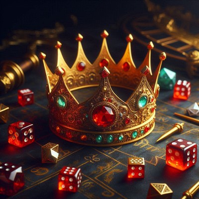 A golden crown lies on a game board with red dice