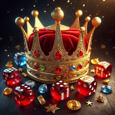 A golden crown sits atop red dice and gems