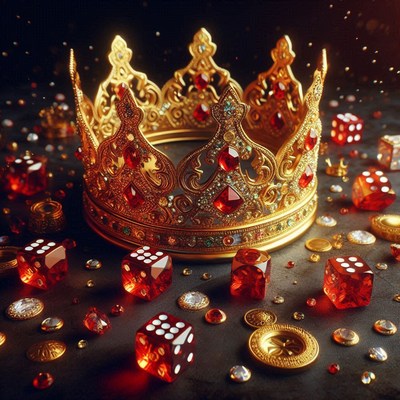 A golden crown rests on a table with dice and jewels