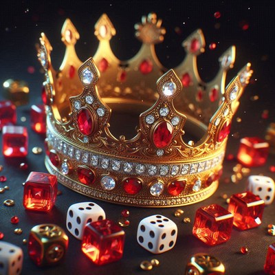 Golden crown with red jewels on a dark surface