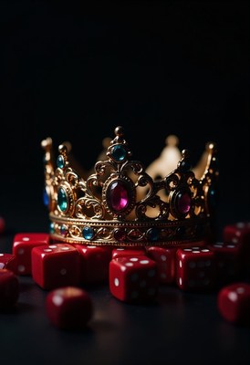 A jeweled crown sits atop red dice