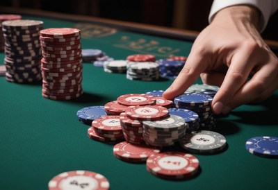 A hand reaches for poker chips on a green table