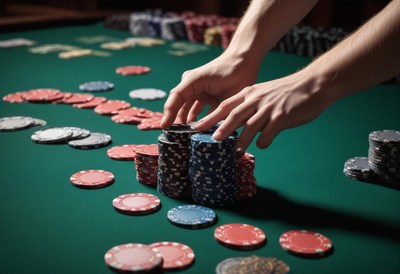 A player stacks poker chips on a green felt table