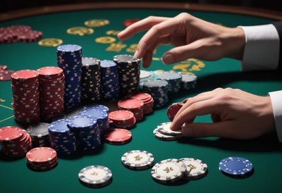A hand places chips on a green felt table