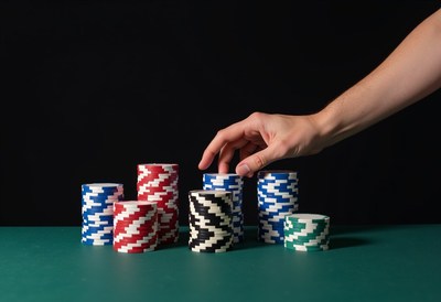 A hand reaches for a stack of poker chips