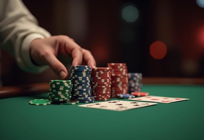 A hand reaches for a stack of poker chips