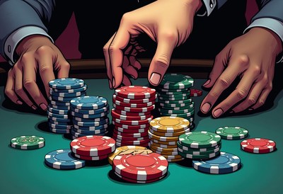 A player stacks poker chips on a green felt table