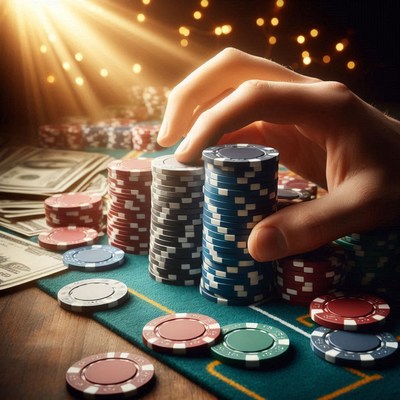 A hand stacks poker chips on a green felt table