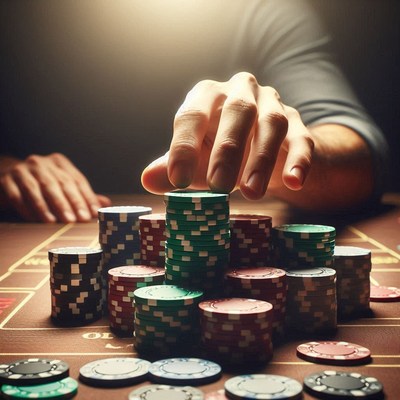 A hand adds a chip to a stack of poker chips on a table