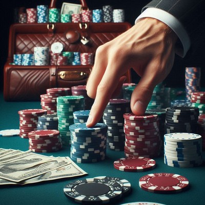 A hand reaches for a stack of poker chips