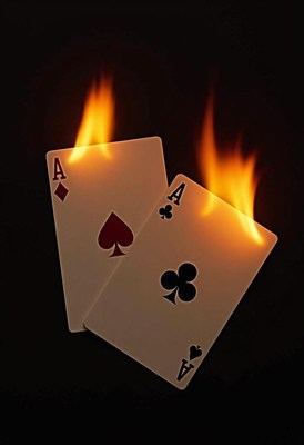 Two aces are burning in a dark room