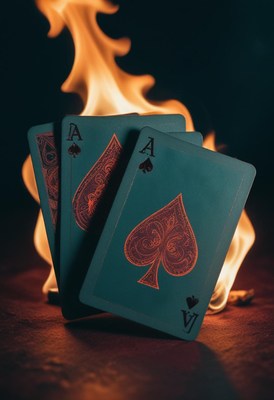 Three aces of spades are on fire