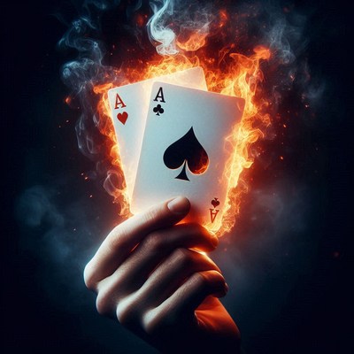 A hand holds two aces on fire