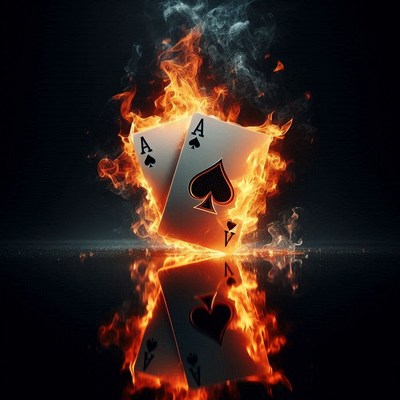 Two aces of spades burn in a fiery inferno