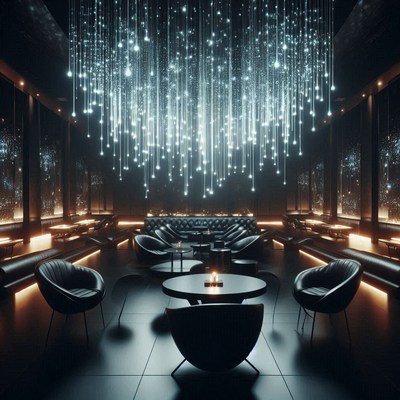A dark lounge with a unique light installation
