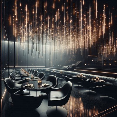 A modern restaurant with a unique lighting design