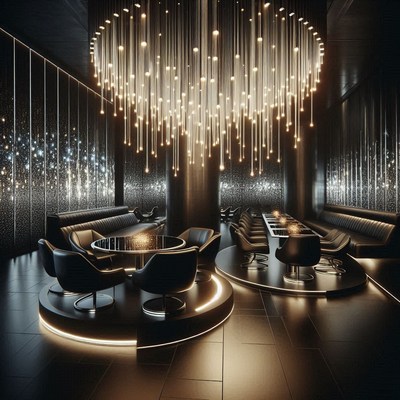 A modern lounge with a unique chandelier