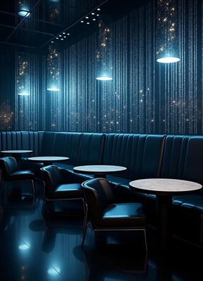 Stylish bar with blue lights and a glittering wall