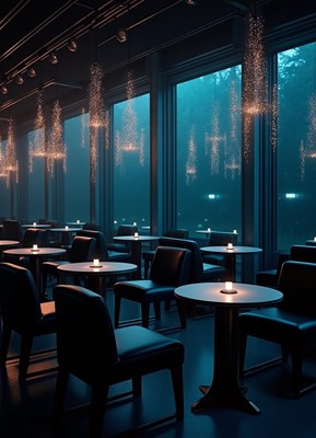Dim restaurant with big windows on a foggy night