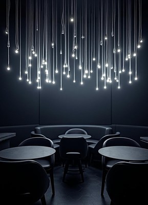 A dimly lit restaurant with a unique light fixture