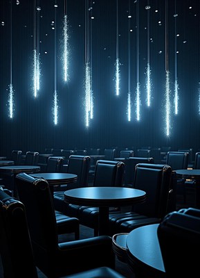 Blue lights hang above tables in a dimly lit bar